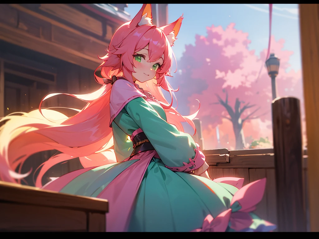 kitsune idol in a tavern, foxgirl, pink fox ears, pink fox tails, pink hair, green eyes, light blue idol dress, tavern background, high quality, masterpiece