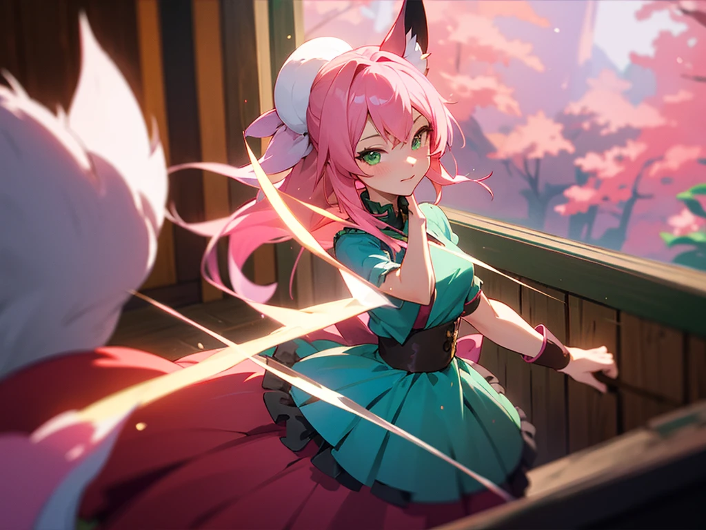 kitsune idol in a tavern, foxgirl, pink fox ears, pink fox tails, pink hair, green eyes, light blue idol dress, tavern background, high quality, masterpiece