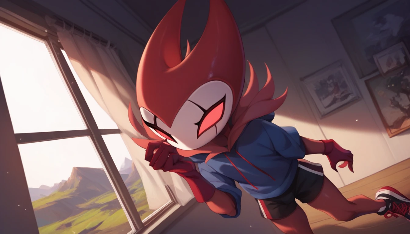 score_9, score_8_up, score_7_up, score_6_up, zPDXL2, grimm \(hollow knight\), vampire, bat, 1boy, solo, cute face, detailed eyes, anthro, near the window, landscape, looking at the viewer, highlight thighs, medium shot portrait, red sports gloves, sneakers, profile picture, blue hooded sweatshirt, shorts, pov