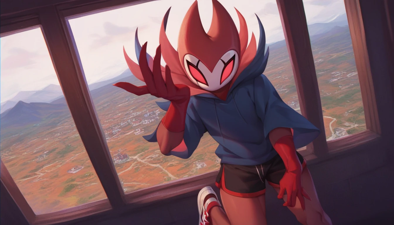 score_9, score_8_up, score_7_up, score_6_up, zPDXL2, grimm \(hollow knight\), vampire, bat, 1boy, solo, cute face, detailed eyes, anthro, near the window, landscape, looking at the viewer, highlight thighs, medium shot portrait, red sports gloves, sneakers, profile picture, blue hooded sweatshirt, shorts, pov