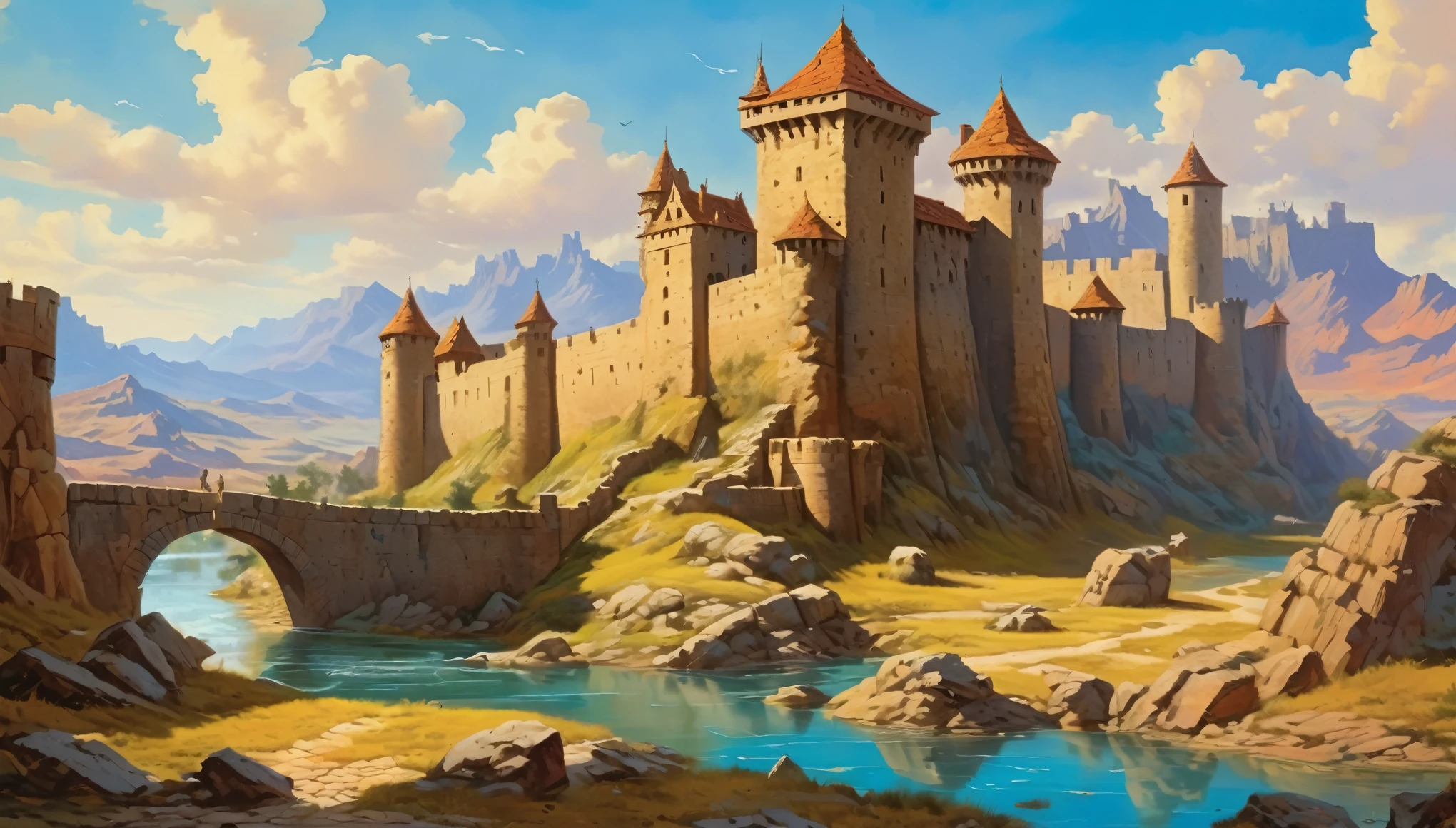 A medieval-style fortress with stone walls, watchtowers, and a surrounding moat, set in a similar barren landscape. Style of Frank Frazetta. Hyper realistic photo, vibrant colors, 16k