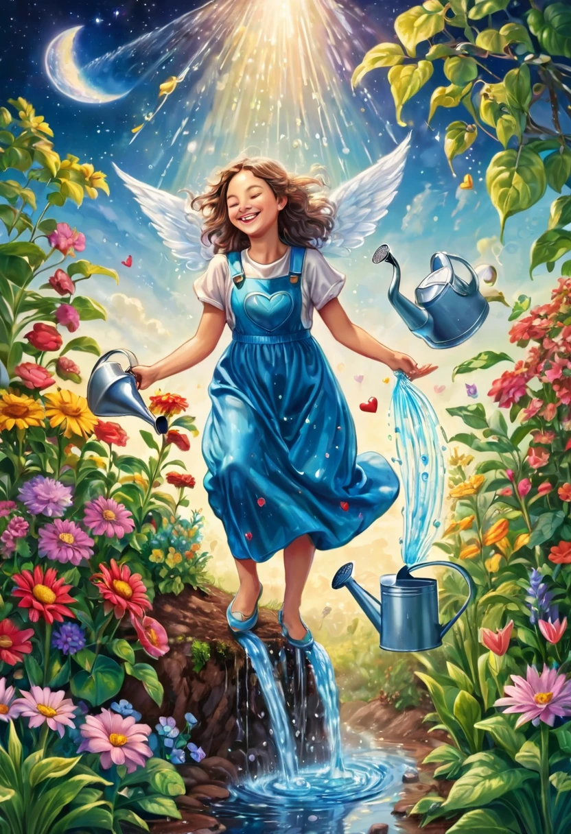 Angel standing on the earth and pouring out a heart, smiling, joyful, heart water overflowing from the spout of a watering can, plants growing on the earth, outer space