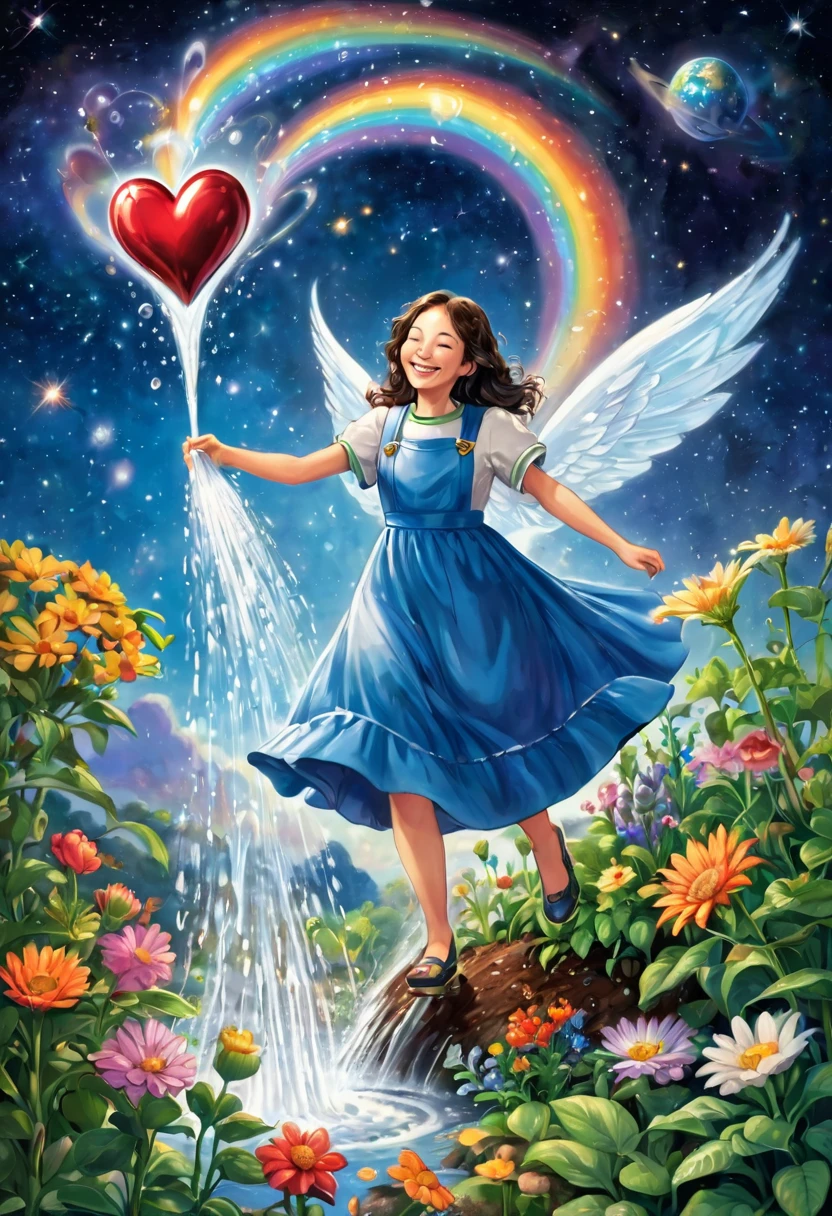 Angel standing on the earth and pouring out a heart, smiling, joyful, heart water overflowing from the spout of a watering can, plants growing on the earth, outer space