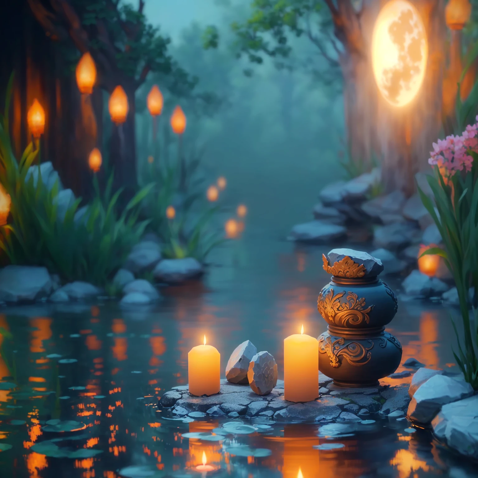 Full moon background、A candle and a stone are placed in the pond, Peaceful atmosphere, Relaxed atmosphere, Zen Nature Background, Relaxing environment, Calm evening atmosphere, relaxed mood, Quiet and peaceful atmosphere, Beautiful atmosphere, Floating Candles, Relaxing concept art, Background artwork, Quiet landscape, Peaceful environment, Zen temple background, Warm and beautiful scenery, Beautiful atmosphere