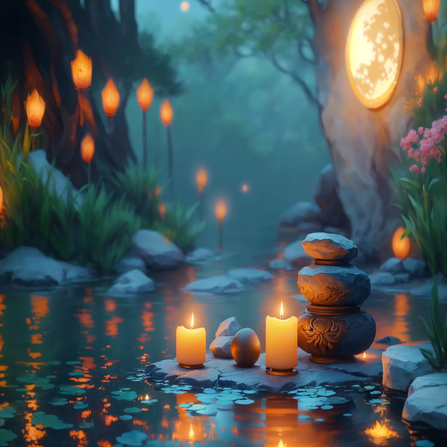 Full moon background、A candle and a stone are placed in the pond, Peaceful atmosphere, Relaxed atmosphere, Zen Nature Background, Relaxing environment, Calm evening atmosphere, relaxed mood, Quiet and peaceful atmosphere, Beautiful atmosphere, Floating Candles, Relaxing concept art, Background artwork, Quiet landscape, Peaceful environment, Zen temple background, Warm and beautiful scenery, Beautiful atmosphere