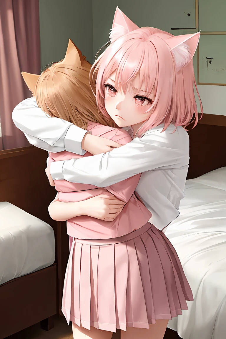 score_9,score_8_up,score_7_up,masterpiece, top quality, best quality, official art, beautiful and aesthetic, animation, , 1girl with cat ear, perfect figure, pink hair, complicated details, bedroom, sunny, refused, coquetry, (white shirt, pink pleated skirt:1.5), cat ear girl, frown discontented, hug arm, pull ,