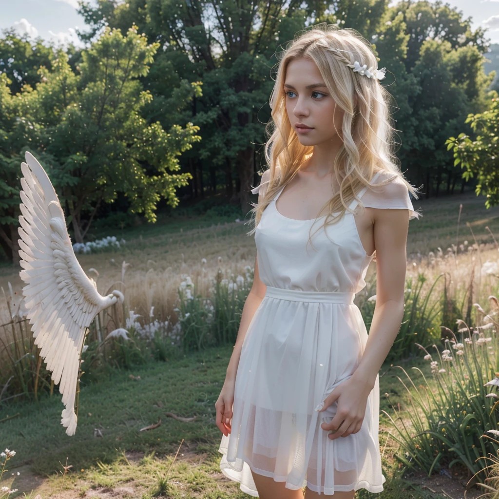 8k, RAW photo, best quality, ultra high resolution, (photorealistic), realistic photo of skinny blonde girl angel with big white wings, (skinny blonde girl, 20 years old, most beautiful slavic girl in the world, slim face, blue eyes, blonde hair, wavy hair), in the field, hills, (sunrise), bright light, (full body picture), (photo from the side), standing posing for picture, angel, spread white wings, (white feather wings), halo, (wearing white see through sundress, (white translucent dress)), ((looking at viewer)), submissive look, epic, (extremely detailed CG unity 8k wallpaper), Sharp focus, (bright light)