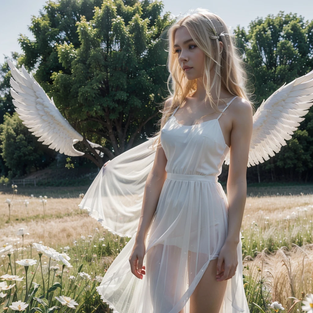 8k, RAW photo, best quality, ultra high resolution, (photorealistic), realistic photo of skinny blonde girl angel with big white wings, (skinny blonde girl, 20 years old, most beautiful slavic girl in the world, slim face, blue eyes, blonde hair, wavy hair), in the field, hills, (sunrise), bright light, (full body picture), (photo from the side), standing posing for picture, angel, spread white wings, (white feather wings), halo, (wearing white see through sundress, (white translucent dress)), ((looking at viewer)), submissive look, epic, (extremely detailed CG unity 8k wallpaper), Sharp focus, (bright light)
