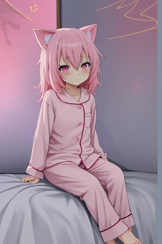 anime character sitting on a bed wearing a pink cat suit, wearing pajamas, best anime wallpaper 4k konachan, wearing loose pajamas, night, 4K anime style, cute anime girl, anime art wallpaper 8K, manga wallpaper 4k, anime art wallpaper 4k, anime art wallpaper 4k, loli anime splatter, 4k anime wallpaper