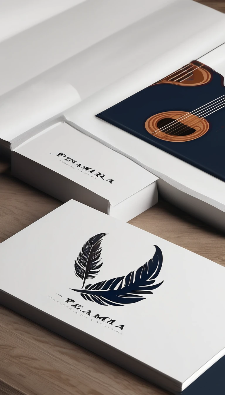 A minimal, modern, simple, cinematic logotype for the brand “Penamemoria". The logotype must be a simple, magical feather and a boy playing acoustic guitar. The logo must convey a sense of music, stories and dreams. Logo design impressed on a book cover. Minimalistic logo