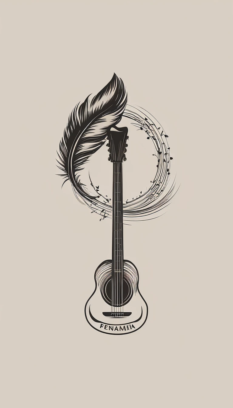 A minimal, modern, simple, cinematic logotype for the brand “Penamemoria". The logotype must be a simple, magical feather and a boy playing acoustic guitar. The logo must convey a sense of music, stories and dreams. Logo design impressed on a book cover. Minimalistic logo