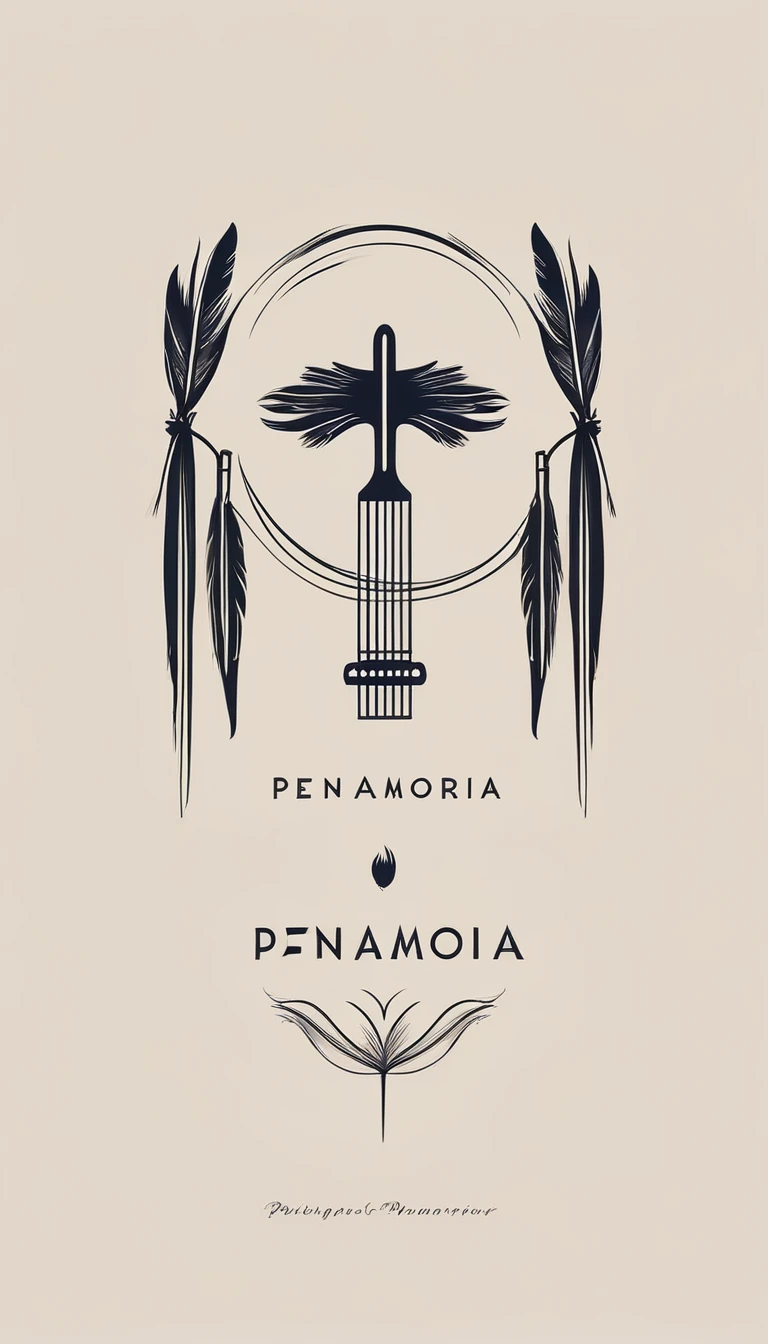 A minimal, modern, simple, cinematic logotype for the brand “Penamemoria". The logotype must be a simple, magical feather and a boy playing acoustic guitar. The logo must convey a sense of music, stories and dreams. Logo design impressed on a book cover. Minimalistic logo
