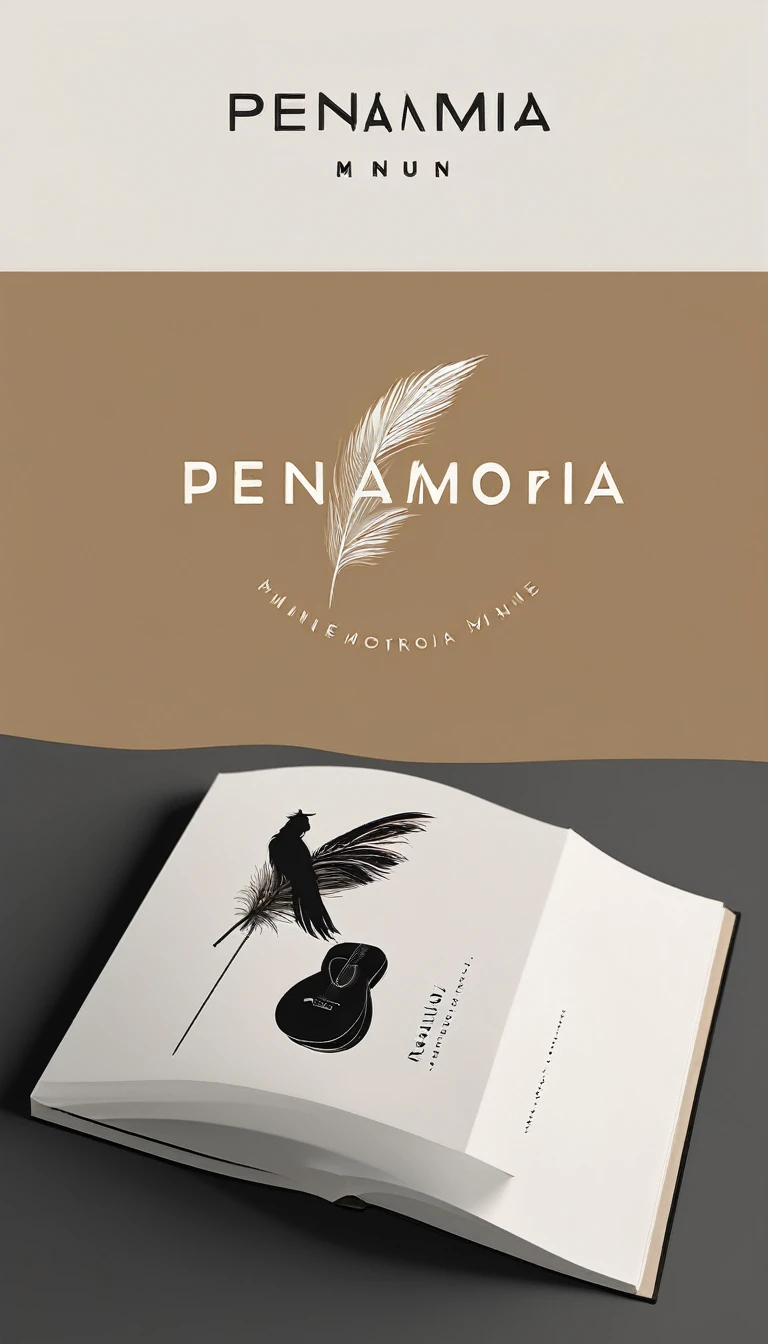 A minimal, modern, simple, cinematic logotype for the brand “Penamemoria". The logotype must be a simple, magical feather and a boy playing acoustic guitar. The logo must convey a sense of music, stories and dreams. Logo design impressed on a book cover. Minimalistic logo