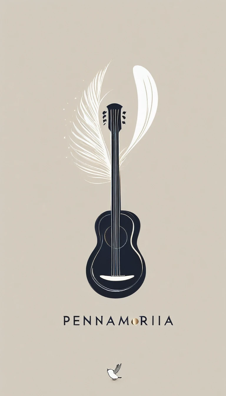 A minimal, modern, simple, cinematic logotype for the brand “Penamemoria". The logotype must be a simple, magical feather and a boy playing acoustic guitar. The logo must convey a sense of music, stories and dreams. Logo design impressed on a book cover. Minimalistic logo

