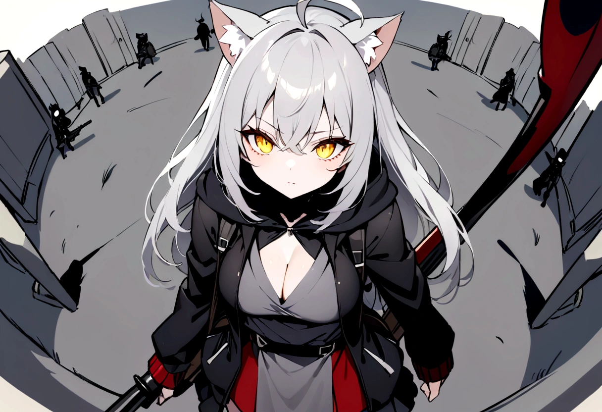 Surrounded by enemies、(masterpiece, best quality:1.2), 1girl, 独奏、Gray cat ears、Point your gun at us、Grey long hair、Ahoge、Yellow Eyes、Gray cat ears、The hoodie I took off was my carry-on baggage.、Ready your gun?、sniper rifle、Background of military bases、Fisheye Lens、battlefield、Shadows of light and darkness、Expressionless、Grim face、battle、Black knee socks、Cleavage、 A black hoodie worn over the arm