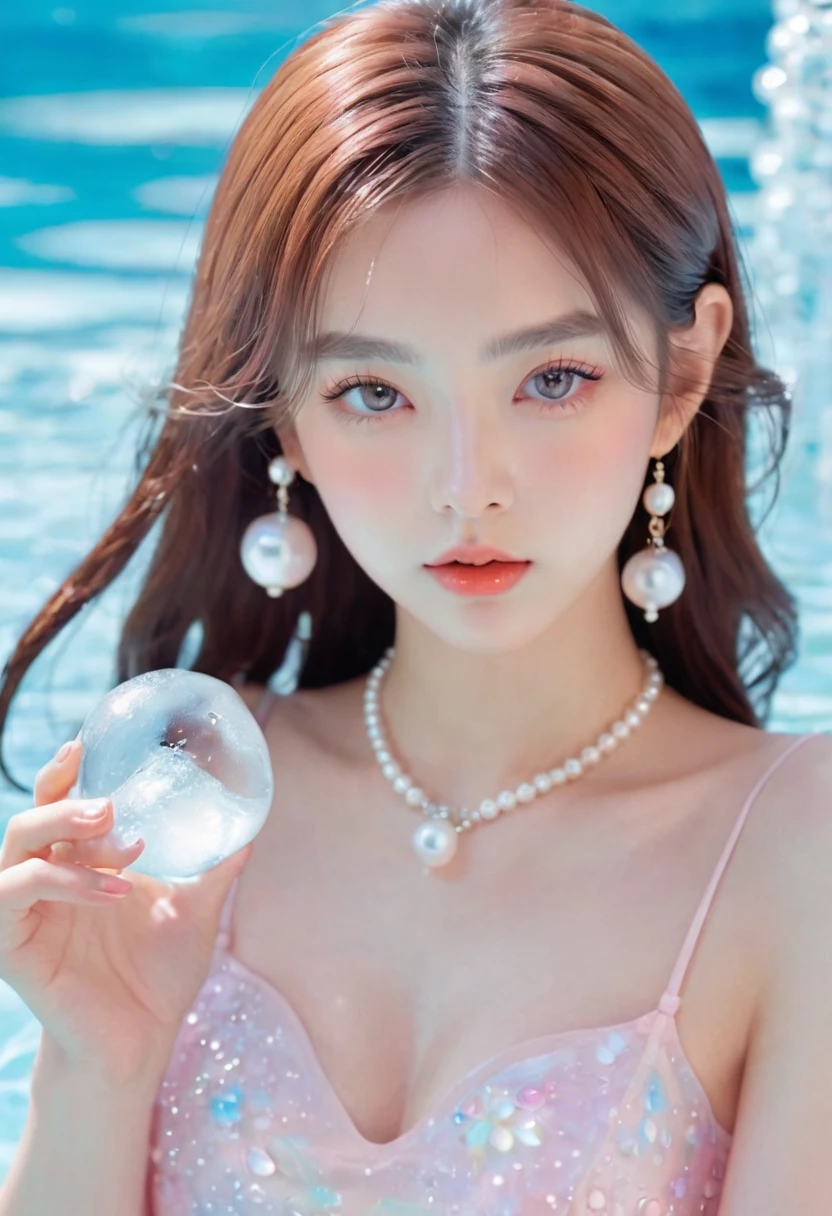 Summer Peach Girl,Dopamine teenage, Cool summer days,Ice cubes,The watery girl,Delicate skin,Hydration,Shiny,Shiny,dream,Front view,bust,pearl,Peach fruit,pink