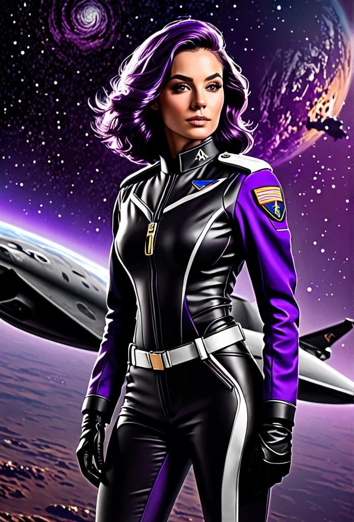 Une femme militaire en uniforme noir et argent avec les cheveux violet sur une planète semblable à la terre.