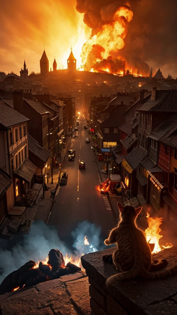 A dragon burns down the streets of medieval Europe with fire spewing from its mouth, while a kitten looks on from behind,、A cat watches from the top of a hill as a city is burned by a dragon、
3DCG,Hyper Real
