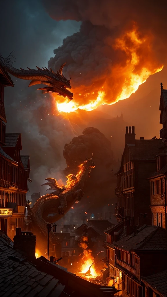 A dragon burns down the streets of medieval Europe with fire spewing from its mouth, while a kitten looks on from behind,、A cat watches from the top of a hill as a city is burned by a dragon、
3DCG,Hyper Real