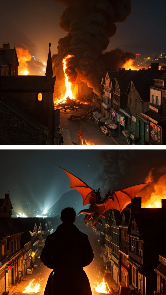 A dragon burns down the streets of medieval Europe with fire spewing from its mouth, while a kitten looks on from behind,、A cat watches from the top of a hill as a city is burned by a dragon、
3DCG,Hyper Real