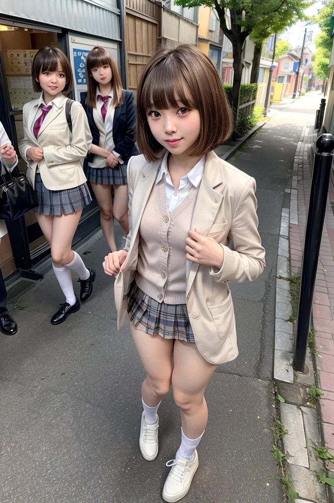One Woman、((Standing wearing a blazer and miniskirt school uniform))、Primary school students,((small breasts)),Highest quality、Very delicate and beautiful、((Very short bangs))、((Bangs))、明るいつやのある茶色の髪のHighest quality、Very delicate and beautiful、((Very short bangs))、((blunt bangs))、Light shiny brown hair、The hair is light、((Short Bob))、Cute face、Young face、Cute like an idol、Are thin、Slim figure、slender、Short、 body type、((Japan townscape))、Photographed from the front、Walking、The best smile、bag、White socks、Black shoes、