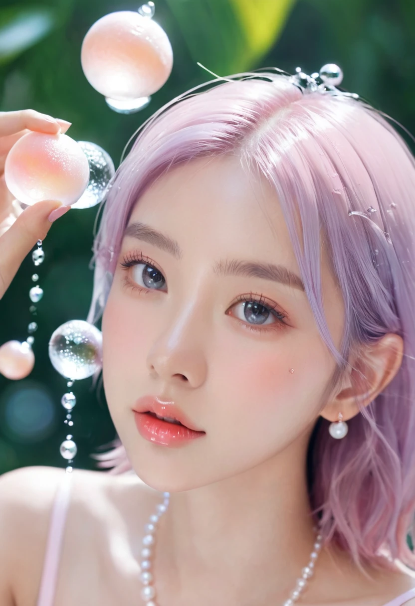 夏日Peach少女,Dopamine age, Cool summer days,Ice cubes,The watery girl,Delicate skin,Hydration,Shiny,Shiny,dream,Front view,bust,pearl,Peach,pink