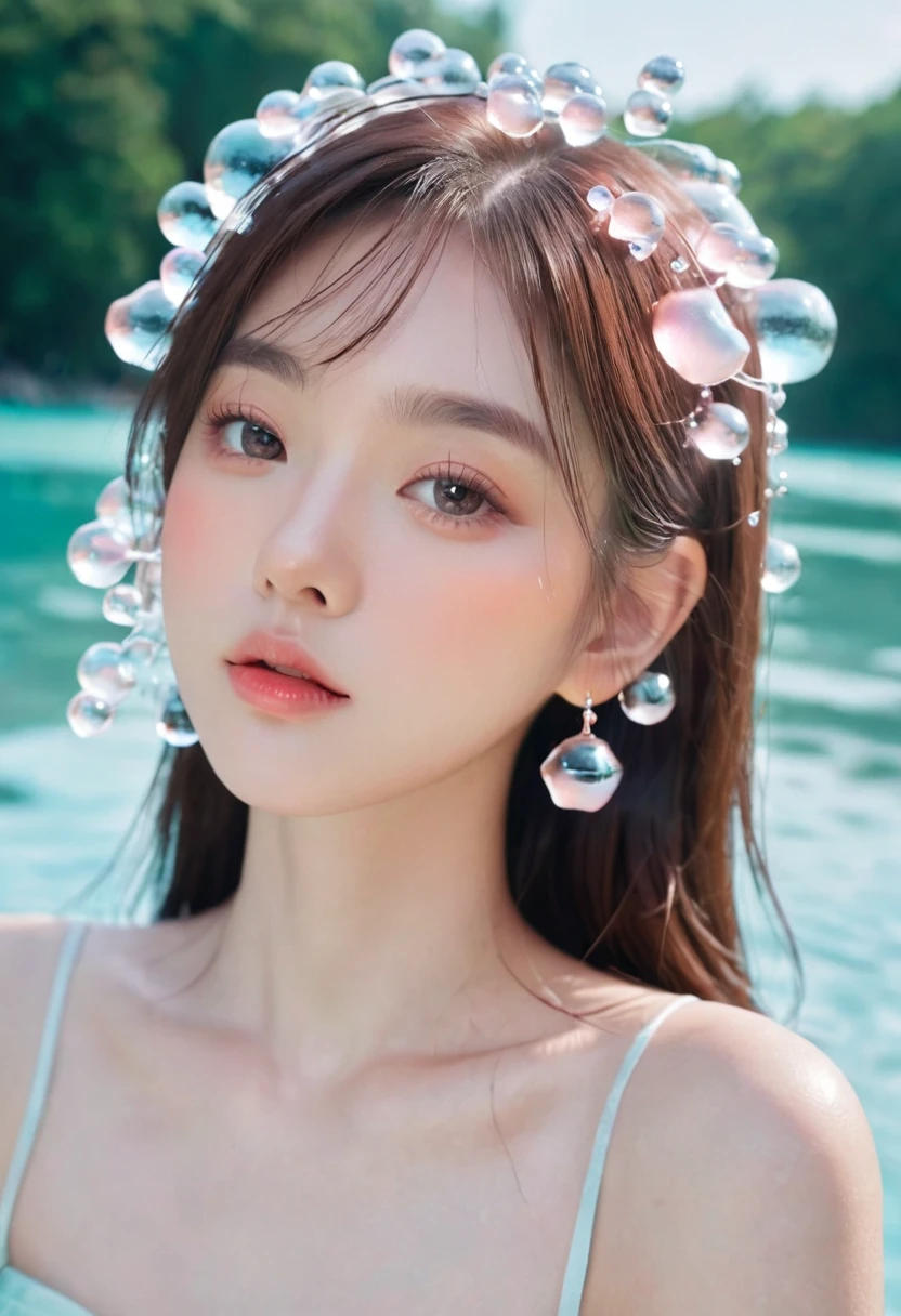 夏日Peach少女，Dopamine teenage， Cool summer days，Ice cubes，The watery girl，Delicate skin，Hydration，Shiny，Shiny，dream，Front view，bust，pearl，Peach，pink