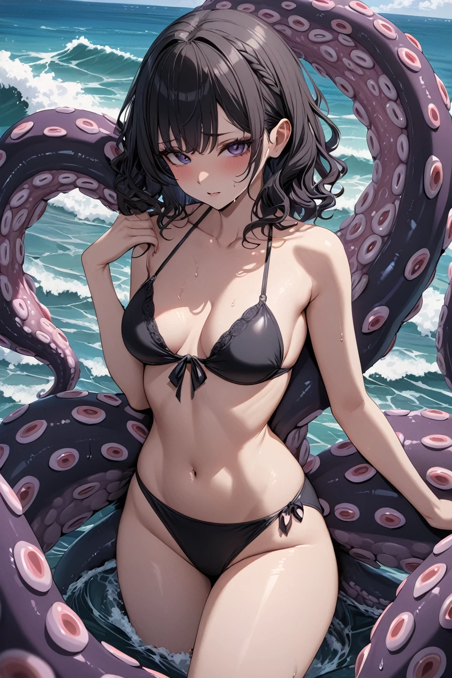 masterpiece,best quality,ultra detailed ,1girl ,black hair ,medium hair ,wavy hair Swimwear Ocean Ocean辺 Tentacles Tentaclesが絡む