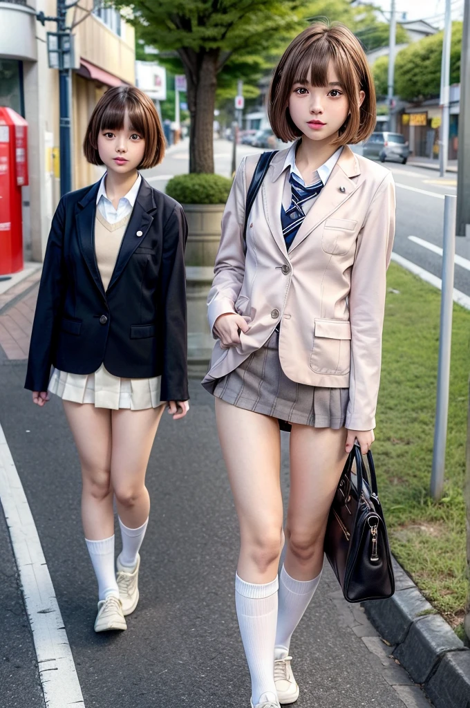 One Woman、((Standing wearing a blazer and miniskirt school uniform))、Primary school students,((small breasts)),Highest quality、Very delicate and beautiful、((Very short bangs))、((Bangs))、明るいつやのある茶色の髪のHighest quality、Very delicate and beautiful、((Very short bangs))、((blunt bangs))、Light shiny brown hair、The hair is light、((Short Bob))、Cute face、Young face、Cute like an idol、Are thin、Slim figure、slender、Short、 body type、((Japan townscape))、Photographed from the front、Walking、bag、White socks、Black shoes、