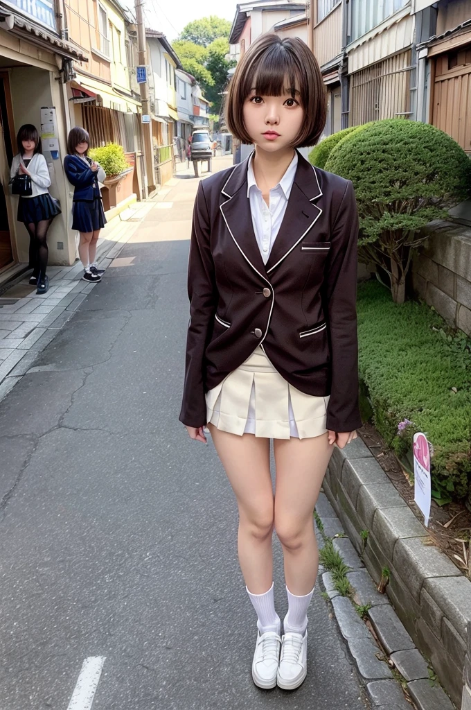 One Woman、((Standing wearing a blazer and miniskirt school uniform))、Primary school students,((small breasts)),Highest quality、Very delicate and beautiful、((Very short bangs))、((Bangs))、明るいつやのある茶色の髪のHighest quality、Very delicate and beautiful、((Very short bangs))、((blunt bangs))、Light shiny brown hair、The hair is light、((Short Bob))、Cute face、Young face、Cute like an idol、Are thin、Slim figure、slender、Short、 body type、((Japan townscape))、Photographed from the front、Walking、bag、White socks、Black shoes、