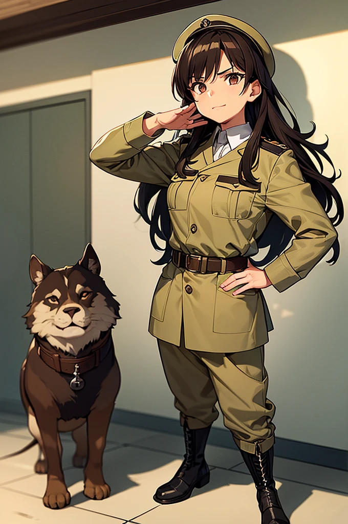 Content: A mature, brown anime woman in a military uniform. She has dark brown eyes, brown skin, brown hair that ends halfway down her back, and military boots. Her military uniform has themes of brown to reflect the desert background, and she carries binoculars. Her appearance is loosely inspired by Erwin Rommel. She wears a confident smile, looking very mature, with her hands on her hips. Medium: Digital art, anime illustration. Style: Pixiv contest winner, fine art, with elements inspired by historical military aesthetics and anime character design. Lighting: Dramatic, with strong contrasts to highlight her authoritative presence and the details of her uniform. Subtle shadows to add depth and realism. Colours: A palette dominated by military greens, browns, and blacks to reflect the desert environment. Composition: A full body shot. She salutes to the camera, showcasing her confidence and authority.