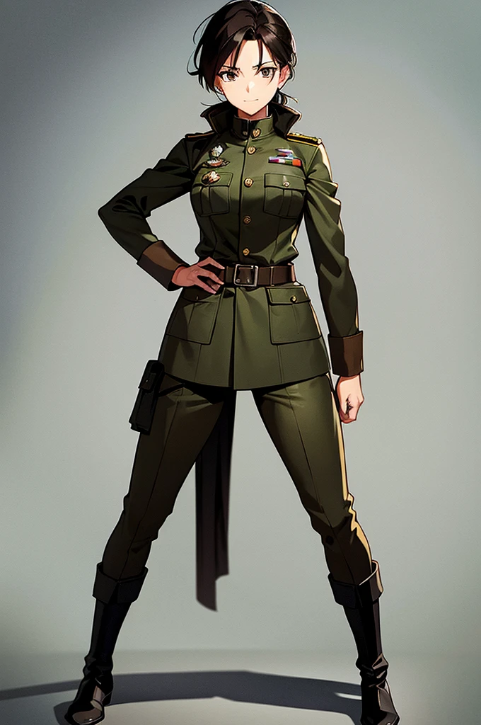 Content: A mature, brown anime woman in a military uniform. She has dark brown eyes, brown skin, brown hair that ends halfway down her back, and military boots. Her military uniform has themes of brown to reflect the desert background, and she carries binoculars. Her appearance is loosely inspired by Erwin Rommel. She wears a confident smile, looking very mature, with her hands on her hips. Medium: Digital art, anime illustration. Style: Pixiv contest winner, fine art, with elements inspired by historical military aesthetics and anime character design. Lighting: Dramatic, with strong contrasts to highlight her authoritative presence and the details of her uniform. Subtle shadows to add depth and realism. Colours: A palette dominated by military greens, browns, and blacks to reflect the desert environment. Composition: A full body shot. She salutes to the camera, showcasing her confidence and authority.