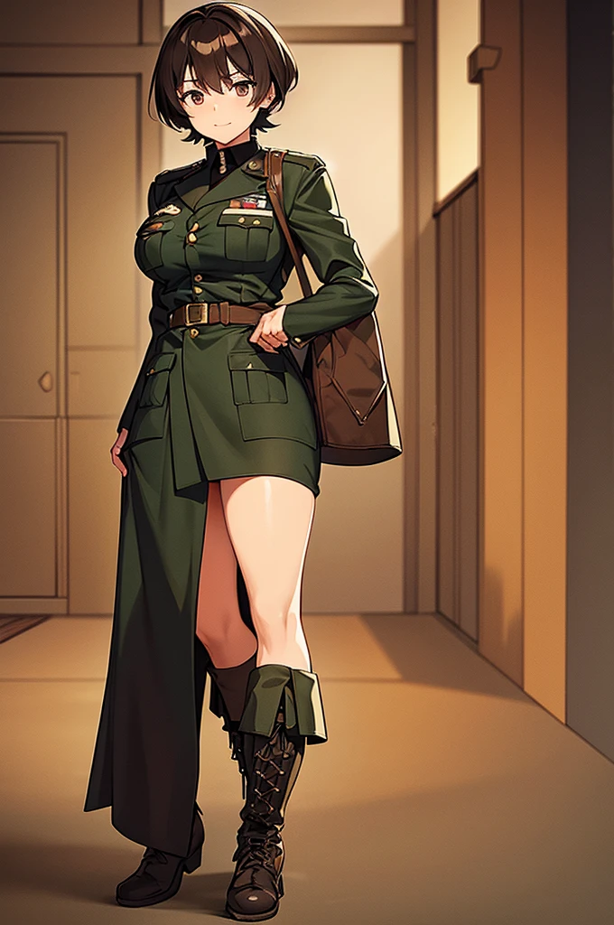 Content: A mature, brown anime woman in a military uniform. She has dark brown eyes, brown skin, brown hair that ends halfway down her back, and military boots. Her military uniform has themes of brown to reflect the desert background, and she carries binoculars. Her appearance is loosely inspired by Erwin Rommel. She wears a confident smile, looking very mature, with her hands on her hips. Medium: Digital art, anime illustration. Style: Pixiv contest winner, fine art, with elements inspired by historical military aesthetics and anime character design. Lighting: Dramatic, with strong contrasts to highlight her authoritative presence and the details of her uniform. Subtle shadows to add depth and realism. Colours: A palette dominated by military greens, browns, and blacks to reflect the desert environment. Composition: A full body shot. She salutes to the camera, showcasing her confidence and authority.