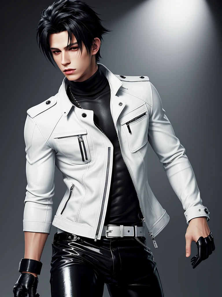 Final fantasy taste and reality graphics, Japanese young cute and cool ikemen  boy, his age is early 20s, thin eyebrows and beady eyes,  he wearing off white color leather thick singlebrest biker jacket, with epaulet,  jacket front is zipped up, jacket is biker style, , jacket collar is high length stand-up collar with belts, jacket is a little black line pattern,close the front of the jacket, also wearing black thick turtleneck lackluster shirts,  tight black leather pants, shiny black leather tight and thin glove, black leather knee-high raceup boots,must views  head-to-toe,must views whole body, boy looks like fashion model,Do not show skin from the neck down,leather jacket leather glove and leather pants have few wrinkles,boy in the room,