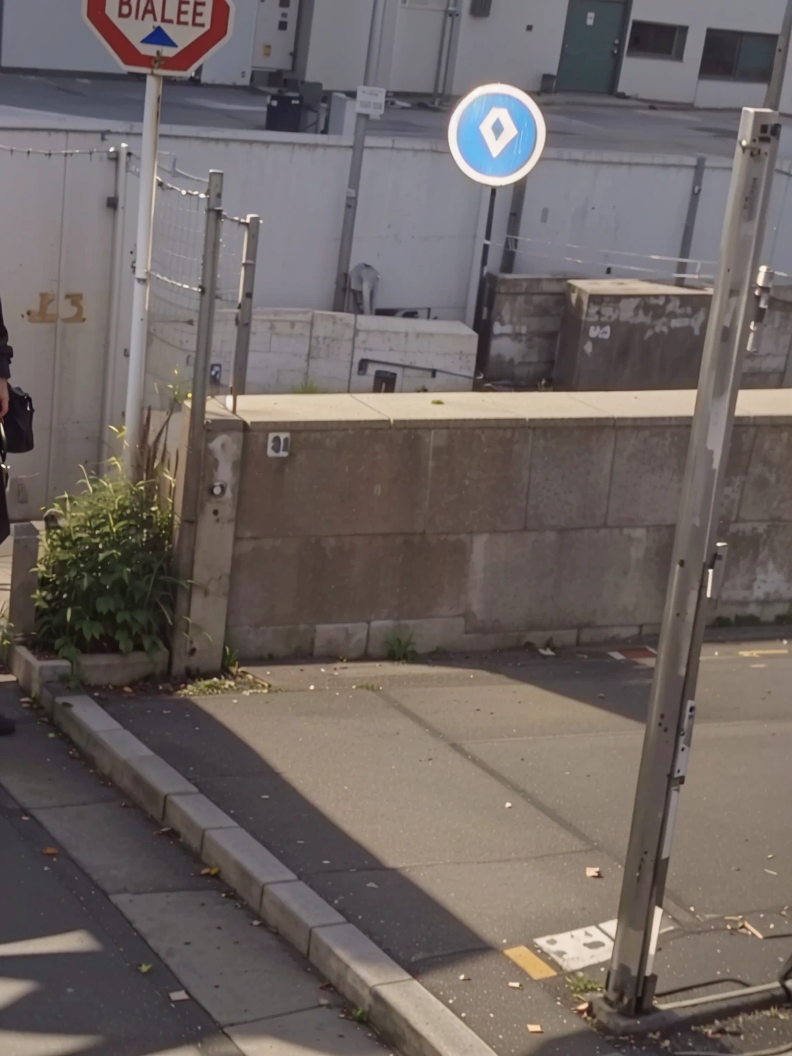 There is a man walking down the street with a suitcase., low quality footage, very very low quality picture, still video, low quality video, Person in the foreground, taken in the early 2020s, very very low quality, standing in an alley, masked person in the corner, realistic footage, set in the parking lot of the bank of tokyo, looking around a corner