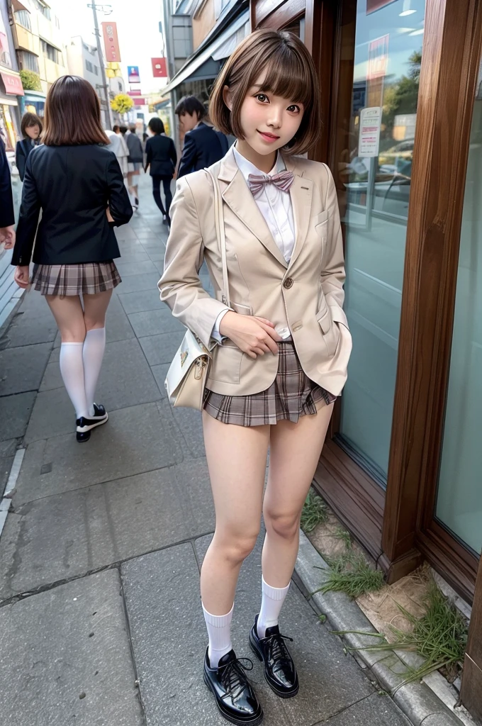 One Woman、((Standing wearing a blazer and miniskirt school uniform))、Primary school students,((small breasts)),Highest quality、Very delicate and beautiful、((Very short bangs))、((Bangs))、明るいつやのある茶色の髪のHighest quality、Very delicate and beautiful、((Very short bangs))、((blunt bangs))、Light shiny brown hair、The hair is light、((Short Bob))、Cute face、Young face、Cute like an idol、Are thin、Slim figure、slender、Short、 body type、((Japan townscape))、Shooting from the side、Walking、The best smile、bag、White socks、Black shoes、