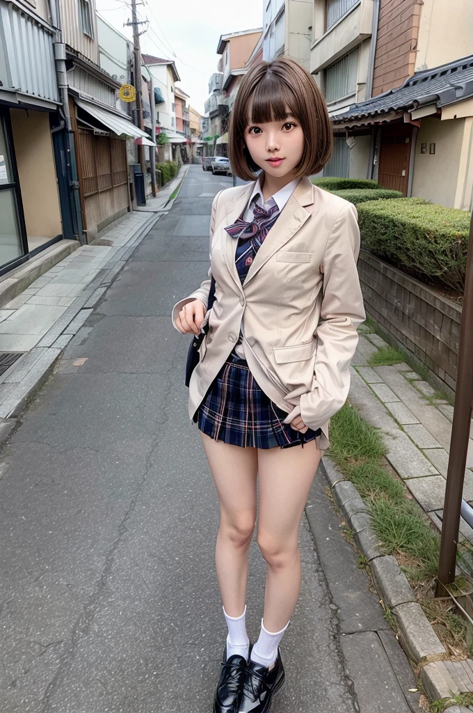 One Woman、((Standing wearing a blazer and miniskirt school uniform))、Primary school students,((small breasts)),Highest quality、Very delicate and beautiful、((Very short bangs))、((Bangs))、明るいつやのある茶色の髪のHighest quality、Very delicate and beautiful、((Very short bangs))、((blunt bangs))、Light shiny brown hair、The hair is light、((Short Bob))、Cute face、Young face、Cute like an idol、Are thin、Slim figure、slender、Short、 body type、((Japan townscape))、Shooting from the side、Walking、The best smile、bag、White socks、Black shoes、