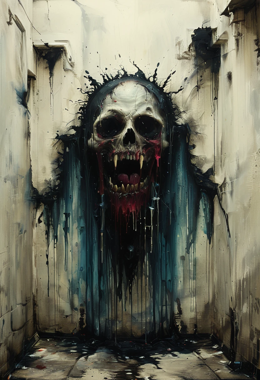 Monstrous entity emerging from a dark corner, Cloudy light, Beautiful splash of vibrant paint