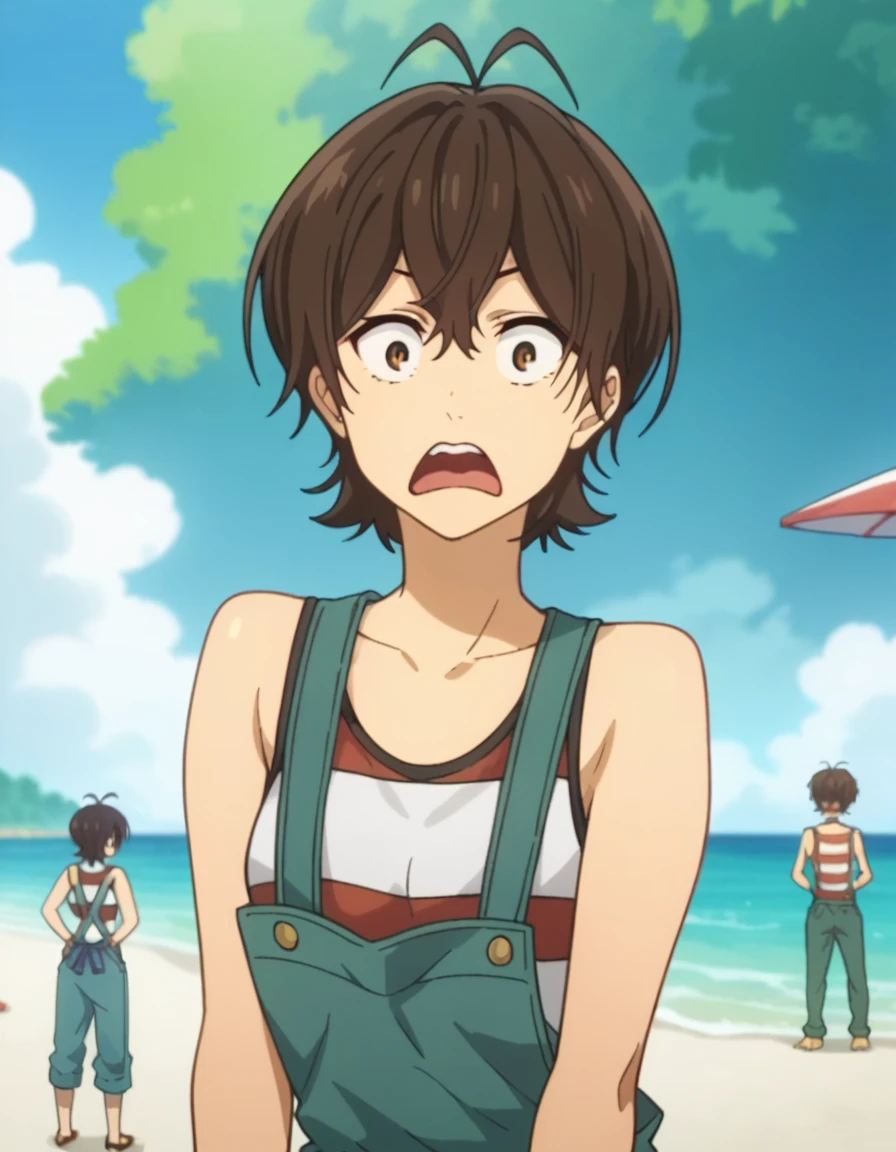 score_9, score_8_up, score_7_up, score_6_up, score_5_up, score_4_up, source anime, anime screencap, anime coloring, miwa, looking at viewer, overalls, beach, shocked, 