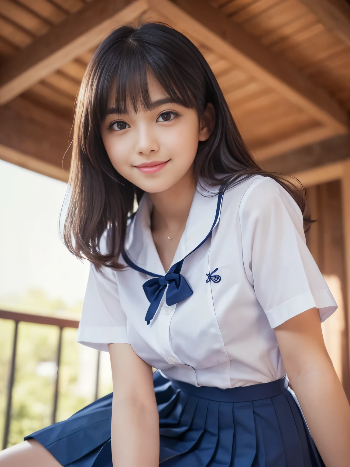 (Best-quality, Masterpiece, Ultra-High-Resolution, (Photorealistic:1.4), Raw Photo, depth of field, professional lighting, perfect anatomy, extremely details), 1girl, 15-years-old, the most famous Japanese idol, (wearing Japanese high-school uniform with summer-design, white short sleeves shirt, (navy-blue long-pleated-skirt)), ((from below):1.3), ((looking at viewer, panty-shot)), (extremely cute face, (extremely cute big-eyes), extremely cute hair, extremely cute skins, extremely cute long-eyelashes, extremely cute lips), extremely cute body, extremely cute thighs, ((shy-smile))