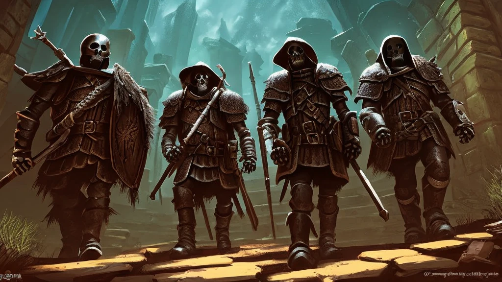 adventurers exploring through a dark dungeon. Fighting skeletons