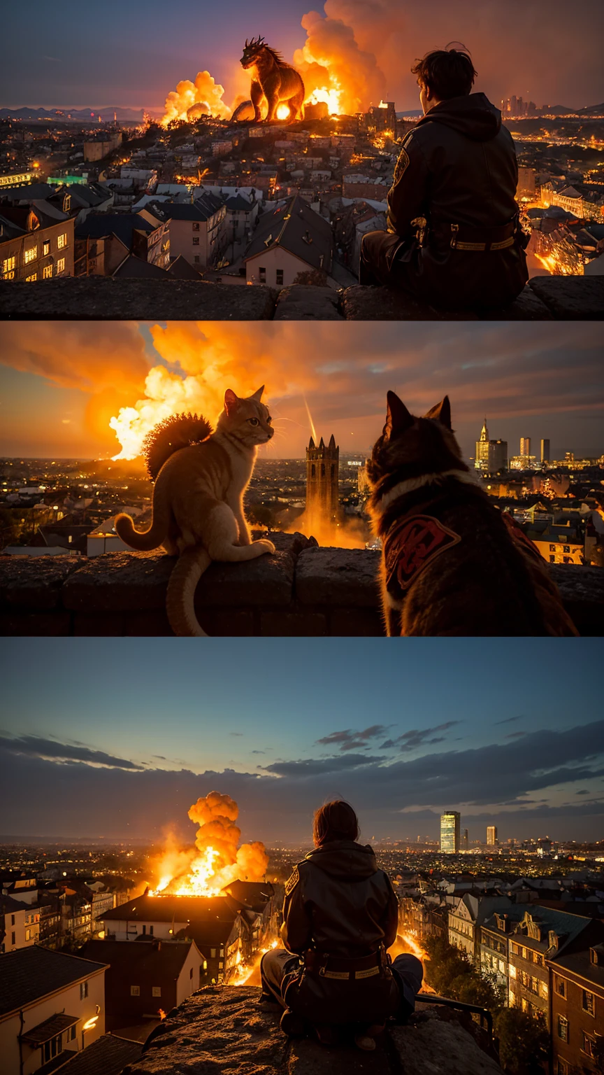 A dragon burns down the streets of medieval Europe with fire spewing from its mouth, while a kitten looks on from behind,、A cat watches from the top of a hill as a city is burned by a dragon、
3DCG,Hyper Real