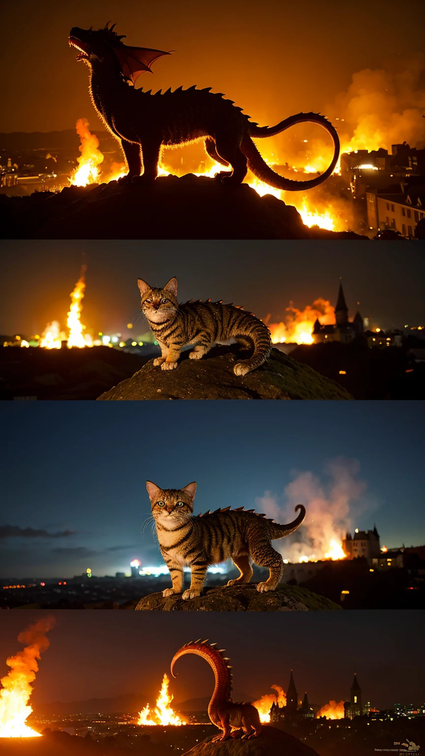 A dragon burns down the streets of medieval Europe with fire spewing from its mouth, while a kitten looks on from behind,、A cat watches from the top of a hill as a city is burned by a dragon、
3DCG,Hyper Real