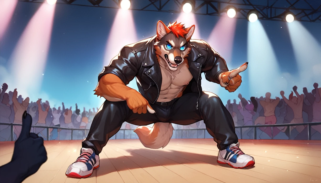 (cinematic, score_8_up,:1.5), by chunie, male, masculine, muscular, plantigrade, (hi-top_sneakers), black leather jacket, anthro, furry, gray_wolf, (pointing_at_viewer:1.2), looking down at crowd, concert stage, flashing lights, forced perspective, posing, dynamic pose, detailed background,((detailed fur)), (detailed eyes:1.5), large eyes, blue eyes, full body,