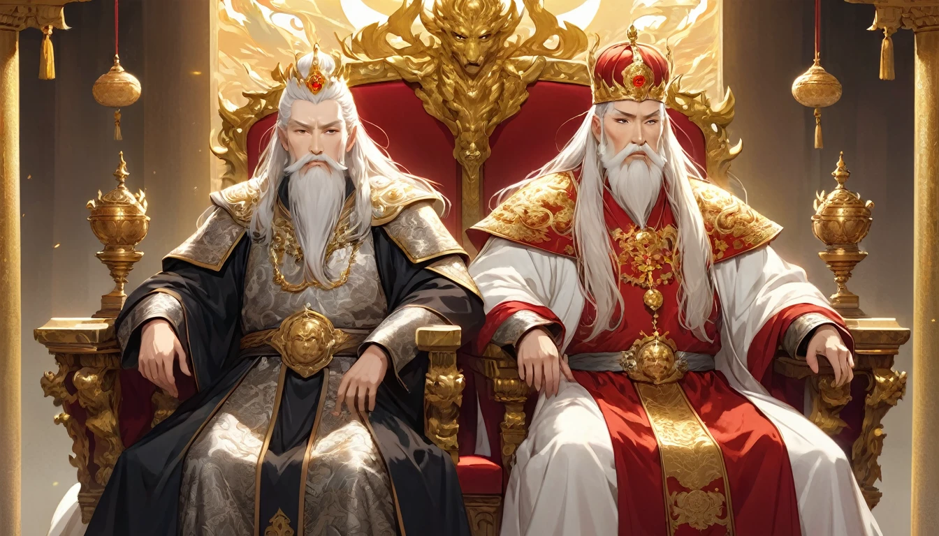 two men,An old emperor named John,Tall, Square face.Silver long hair，Wearing a golden crown, Thick eyebrows,Long white beard.,Pale complexion, Wearing a gorgeous golden robe，Embroidered with dragon pattern.;Another young general named Ken,Burly figure,Long face, Blonde short hair，Thick eyebrows，Short whiskers，Healthy bronze,Wearing a red armor，Symbol with sun，There is a golden sword on the waist; John is sitting majestically on a glittering throne。Ken stands in front of the throne,Looks like he&#39;s protecting the man sitting on the throne，There was an air of respect and loyalty between the two.。