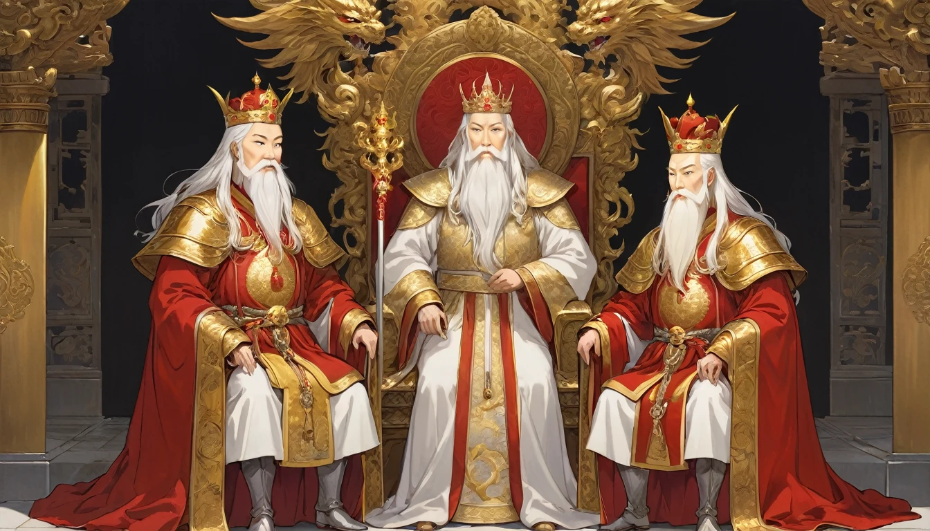 two men,An old emperor named John,Tall, Square face.Silver long hair,Wearing a golden crown, Thick eyebrows,Long white beard.,Pale complexion, Wearing a gorgeous golden robe,Embroidered with dragon pattern.;Another young general named Ken,Burly figure,Long face, Blonde short hair,Thick eyebrows,Short whiskers,Healthy bronze,Wearing a red armor,Symbol with sun,There is a golden sword on the waist; John is sitting majestically on a glittering throne。Ken stands in front of the throne,Looks like he's protecting the man sitting on the throne,There was an air of respect and loyalty between the two.。