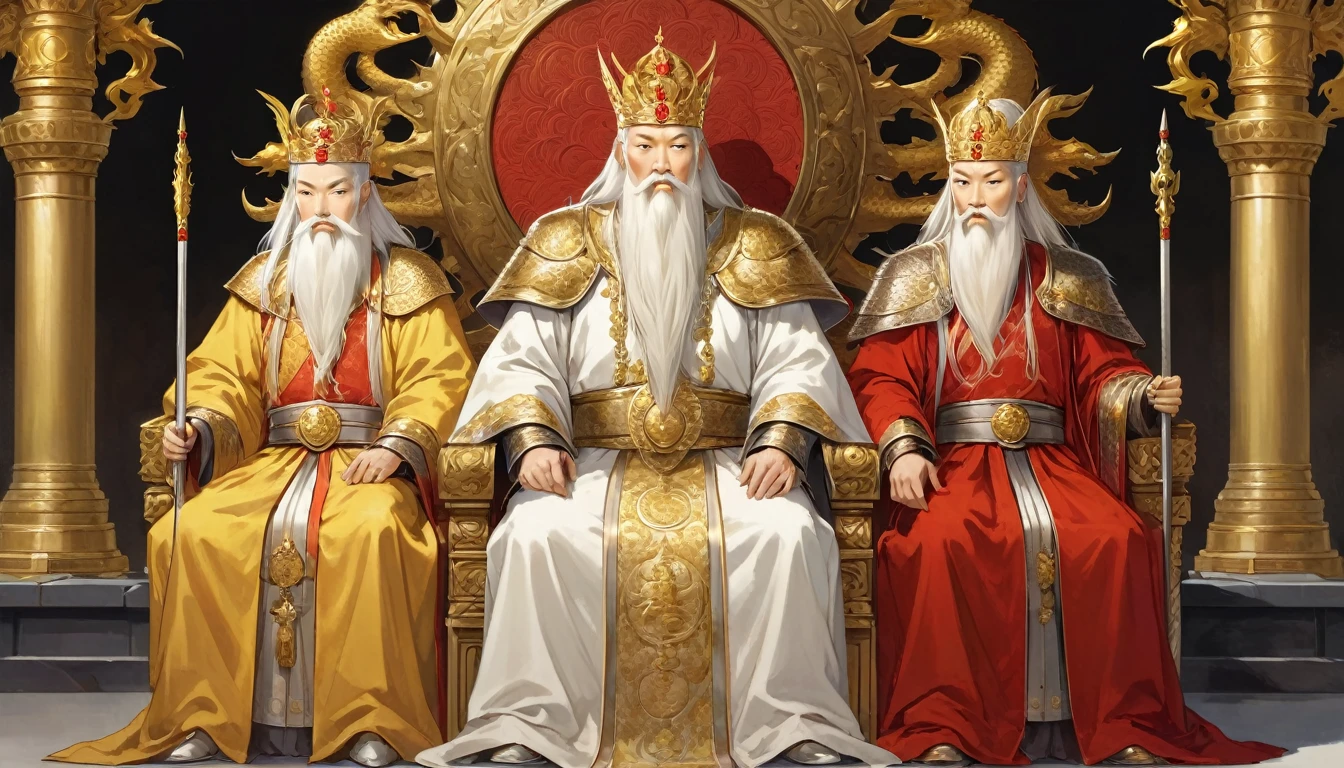 two men,An old emperor named John,Tall, Square face.Silver long hair，Wearing a golden crown, Thick eyebrows,Long white beard.,Pale complexion, Wearing a gorgeous golden robe，Embroidered with dragon pattern.;Another young general named Ken,Burly figure,Long face, Blonde short hair，Thick eyebrows，Short whiskers，Healthy bronze,Wearing a red armor，Symbol with sun，There is a golden sword on the waist; John is sitting majestically on a glittering throne。Ken stands in front of the throne,Looks like he&#39;s protecting the man sitting on the throne，There was an air of respect and loyalty between the two.。