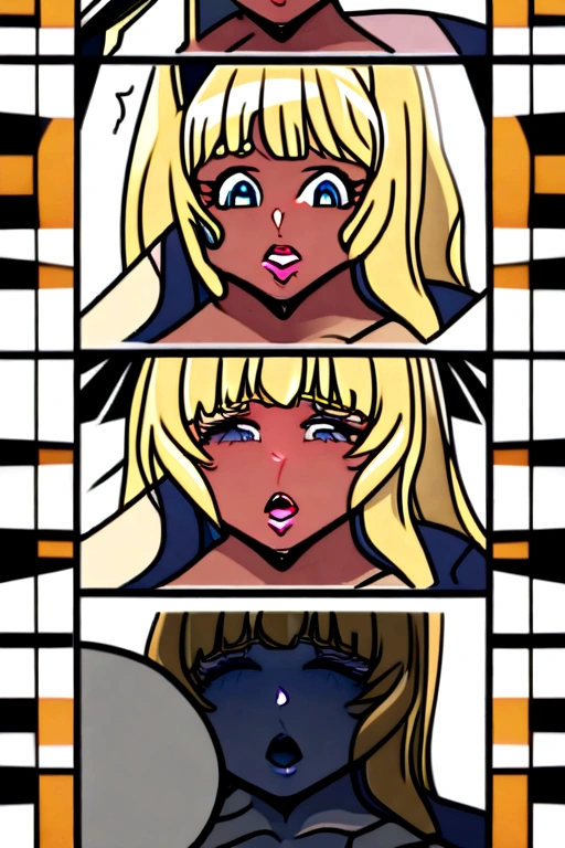 Mecha suit, Monster girl, bunny girl, voluptuous, dark skin, blonde hair, blue eyes, expression of mockery
