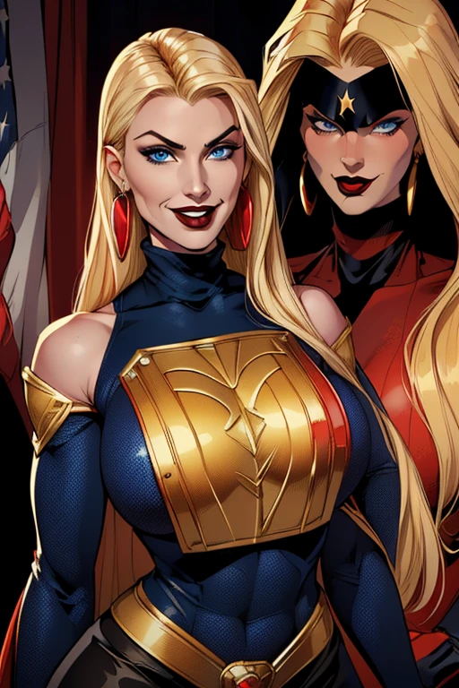 8k,  best quality, two women ((woman with long blonde hair and blue eyes, wearing a dark blue textured bodysuit costume, red turtleneck, american flag cape, gold shoulderpads, red gloves, charismatic smile)) ((blonde woman with long hair, villainess, big earrings, goddess, black lipstick, red sweater, short black skirt))