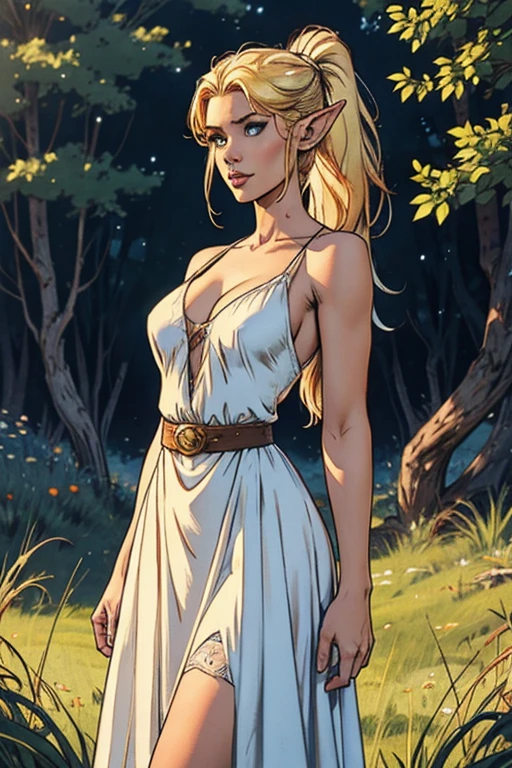 photorealisitic,realisitic, standing alone, photorealisitic, best qualityer, ultra high resolution, 1 female elf,, , blonde hair in ponytail,pointy ears, wearing a white dress,Breasts huge, breeze blowing through the grass,, , 1 female elf,, comely, work of art, best qualityer, extreme detailed face, perfect lighting, 1 female elf, standing alone,, , best qualityer, ultra high resolution, photorealisitic,, ultra detaild,, work of art, best qualityer, , Nancy1, 